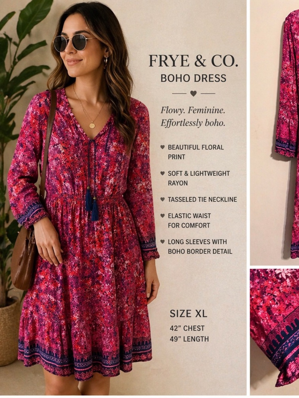 Frye & Co Boho Floral Midi Dress XL Tassel Tie Pink‎ Navy Flowy Chic
